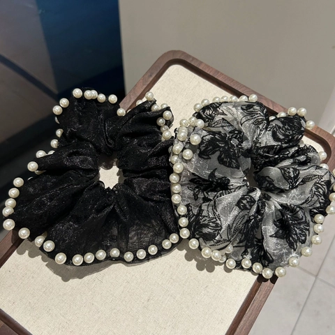 Französisch Vintage Netzperle Scrunchie Große Spitze Floral Haargummi High-End Pferdeschwanz Halter Elegante Haarschmuck Für Damen
