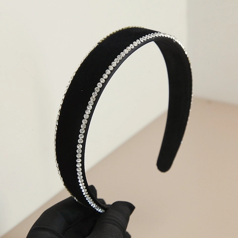 Vintage Black Velvet Rhinestone Wide Headband For Women Elegant Sponge Padded Hair Band Korean Fashion Hair Accessories