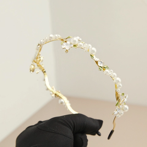 Cerchietto Barocco Francese Vintage in Lega Dorata Con Künstliche Perle Sintetiche Fiori in Smalto e Foglie per Matrimonio Festa Donna
