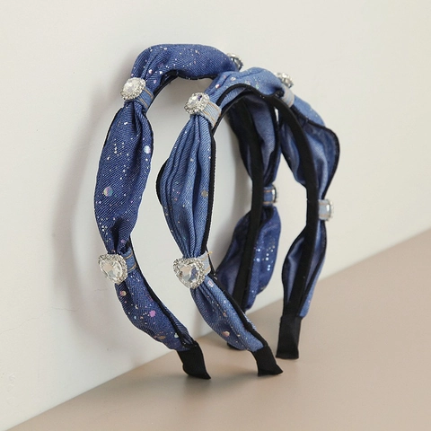 Serre-tête en Denim Strass Vintage Français Pour Femmes Cristal de Coeur Plissé Imprimé Étoilé Accessoires de Cheveux Mode