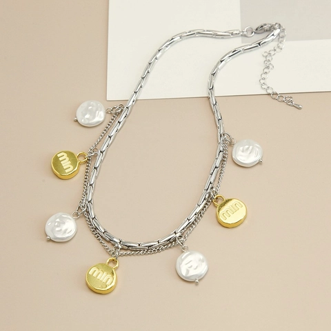 Double Layered Titanium Steel Necklace For Women Alloy Letter Round Disc Baroque Imitation Artificial Pearl Pendant Mixed Metal Jewelry
