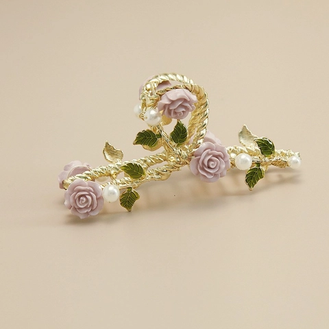 Pinza Per Capelli In Stile Coreano Con Vite Di Rosa Per Donna Romantica Resina Floreale Foglia Di Smalto Perla Artificiale Lega