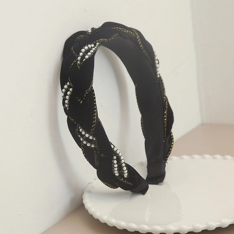 Diadema de Terciopelo Trenzado Vintage para Mujer Acolchada Retorcida con Perla Artificial de Imitación e Hilo de Oro Detalles Accesorios para el Cabello