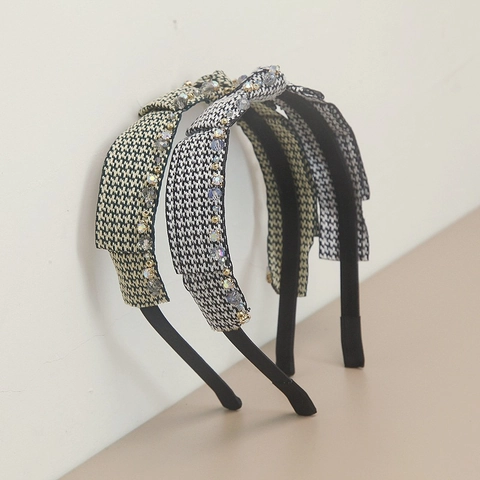 Cerchietto a Fiocco in Tessuto Pied de Poule Vintage Francese Con Strass di Cristallo per Donna Eleganti Accessori per Capelli