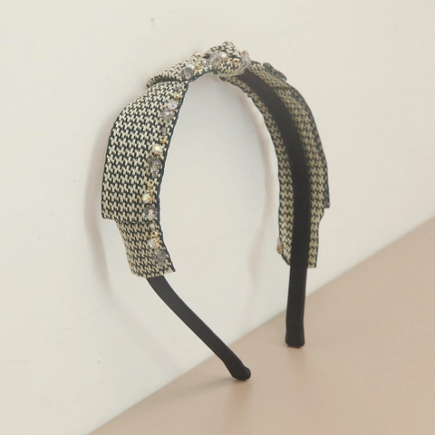 Cerchietto a Fiocco in Tessuto Pied de Poule Vintage Francese Con Strass di Cristallo per Donna Eleganti Accessori per Capelli