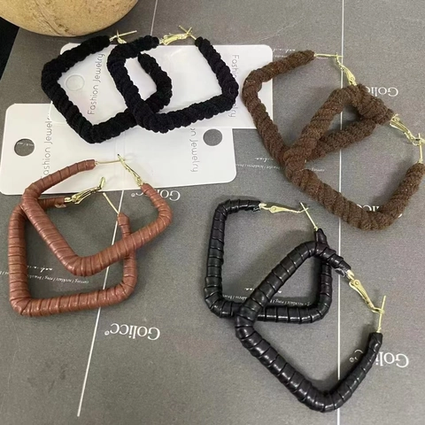 Vintage Geometric Rectangle Hoop Earrings For Women Fashion Copper Leather Wrapped Braided Big Earring Autumn Winter Jewelry