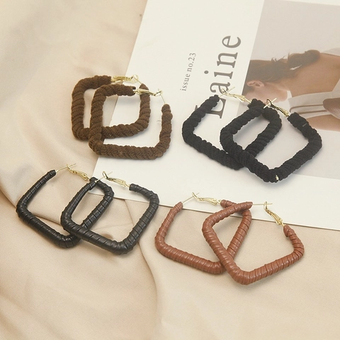 Vintage Geometric Rectangle Hoop Earrings For Women Fashion Copper Leather Wrapped Braided Big Earring Autumn Winter Jewelry