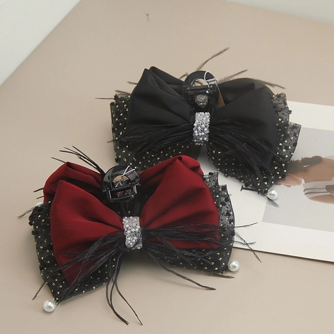Vintage Satin Schleife Haarklammer Mit Feder Strass Künstliche Perlenquaste Große Haarkralle Elegant Haarschmuck Damen