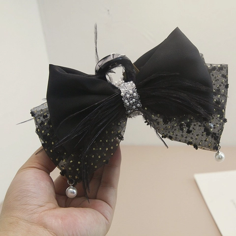 Vintage Satin Schleife Haarklammer Mit Feder Strass Künstliche Perlenquaste Große Haarkralle Elegant Haarschmuck Damen