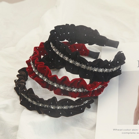 Vintage Velvet Pleated Wide Headband For Women Rhinestone Embellished Elegant Ruffle Hair Hoop Solid Color Hair Accessories