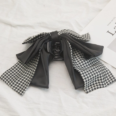French Retro Elegant Houndstooth Bow Hair Claw For Women Fabric Plastic Large Hair Clip With Artificial Pearl Tassel Fashion Hair Accessories