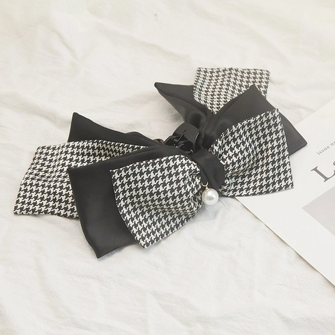 French Retro Elegant Houndstooth Bow Hair Claw For Women Fabric Plastic Large Hair Clip With Artificial Pearl Tassel Fashion Hair Accessories