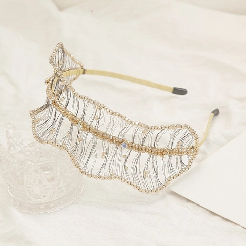 Cerchietto a Maglia Con Perline Fatto a Mano per Donna Vintage Cristallo Strass Fascia per Capelli Design a Onde Gioielli per Capelli Matrimonio Festa