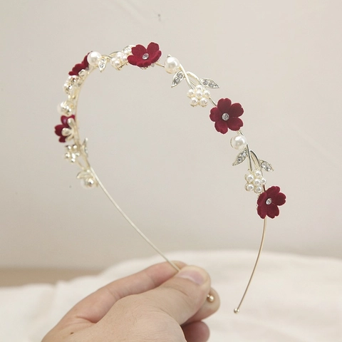 Elegante Cerchietto con Rosa per Donna Vintage Velluto Rosso Floreale Perla Artificiale Strass Cerchio per Capelli Sposa Matrimonio Festa