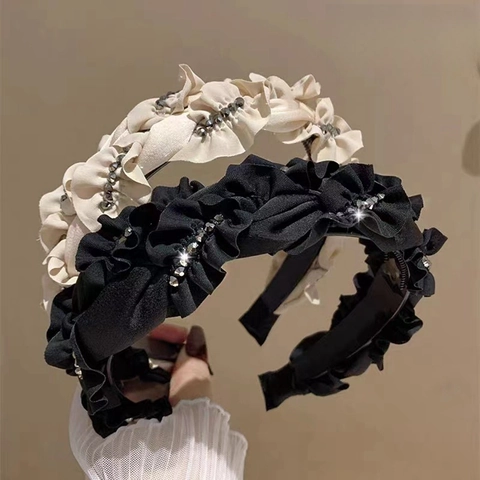 Vintage Französisch Plissee Rüschen Haarreif Für Damen Handgefertigt Stoff Netz Haarband Mit Strass Elegant Lolita Haarschmuck