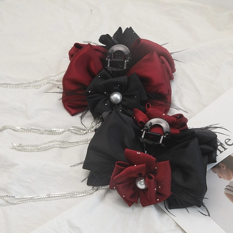Pinza para el Pelo con Lazo de Flores de Tela Elegante Vintage con Decoración de Borla Diamante de Imitación Perla Artificial Pluma para Mujer