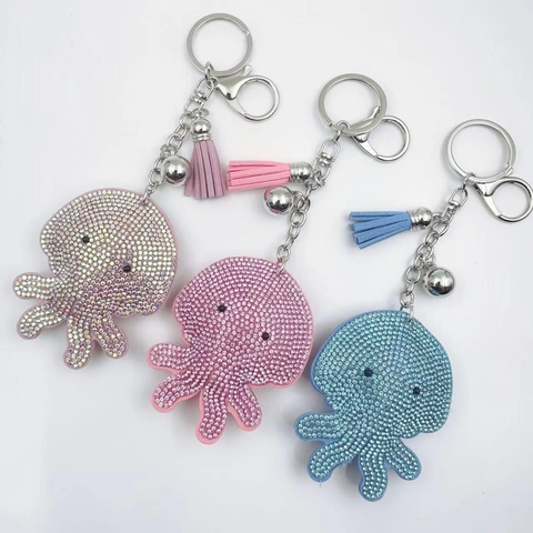 Cartoon Octopus Rhinestone Keychain With Faux Leather Tassel Zinc Alloy Cute Sea Animal Bag Pendant For Women Key Ring