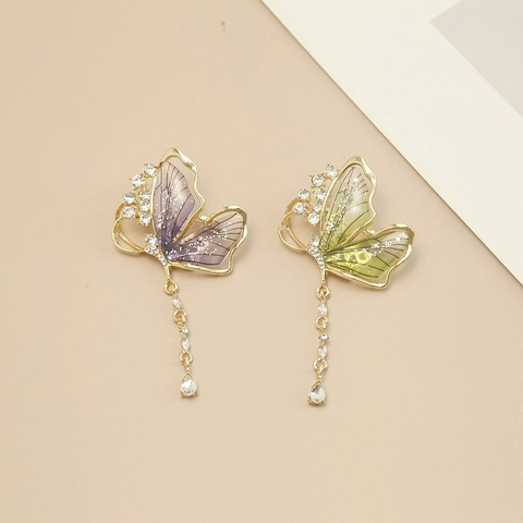 Eleganter Smaragdgrüner Schmetterling Brosche Transparente Insekten Quaste Korsage Legierung Strass Schmuck Für Damen Qipao