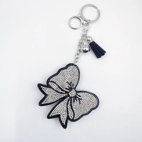 Fashion Bowknot Rhinestone Keychain Sparkly Crystal Bow Keyring With Leather Tassel Bell Bag Charm Gift For Women