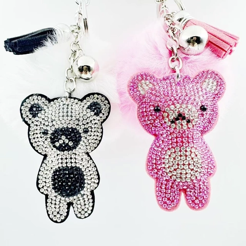 Luxury Rhinestone Bear Keychain With Artificial Fur Ball And Tassel Cute Alloy Bear Bag Charm Pendant For Women Girls
