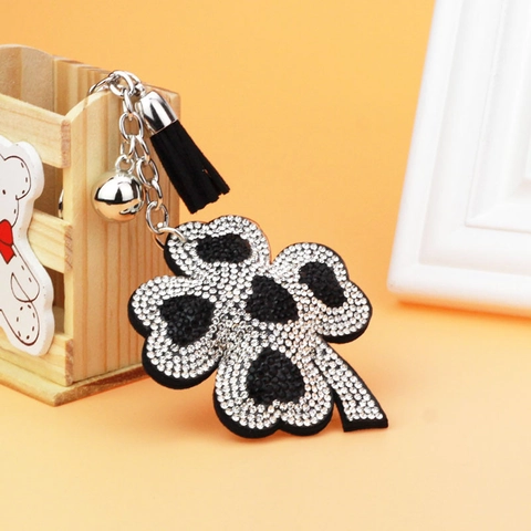 Fashion Rhinestone Four Leaf Clover Keychain with Leather Tassel and Bell Sparkling Bag Pendant Accessory for Women Men