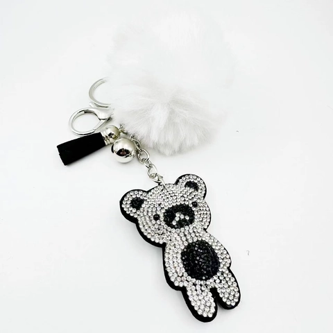 Luxury Rhinestone Bear Keychain With Artificial Fur Ball And Tassel Cute Alloy Bear Bag Charm Pendant For Women Girls