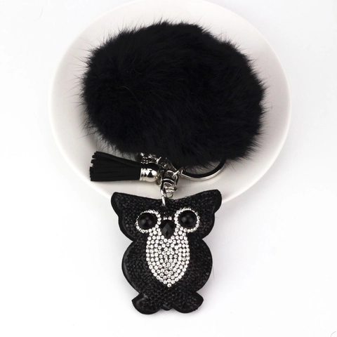 Mode Uil Strass Sleutelhanger Met Kunstbont Pompon En Kwast Decoratieve Tashanger Voor Dames Accessoires Cadeau