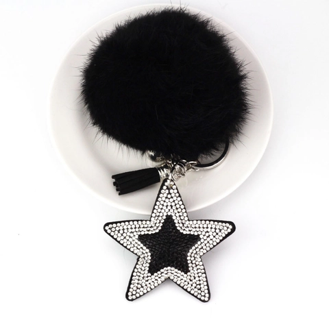 Strass Stern Schlüsselanhänger Kunstpelz Pompon Lederquaste Taschenanhänger Damen Autoanhänger Hot-fix Stern Schlüsselring Zubehör