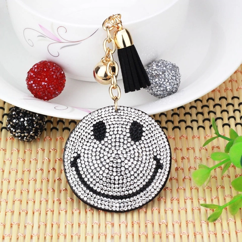 Portachiavi Moda con Faccina Sorridente in Strass con Nappa e Campanello per Donna Ciondolo per Borsa in Lega Luccicante Emoji Regalo