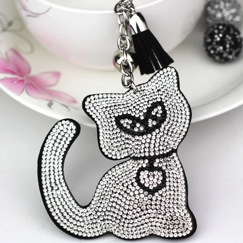 Portachiavi a Forma di Gatto Con Strass e Nappa e Campana per Donna Decorazione Borsa Ciondolo Animale Accessorio Chiavi