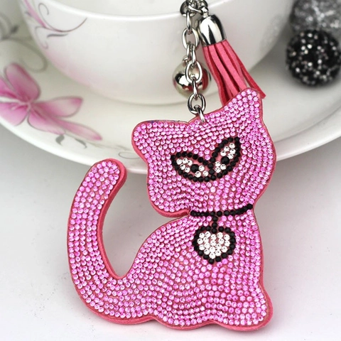 Portachiavi a Forma di Gatto Con Strass e Nappa e Campana per Donna Decorazione Borsa Ciondolo Animale Accessorio Chiavi