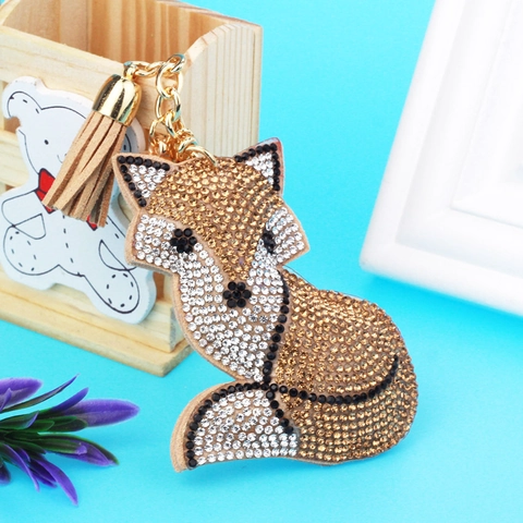 Llavero de Zorro con Diamantes de Imitación Colgante de Bolso con Borla de Gamuza para Mujer Joyería de Moda Regalo Brillante
