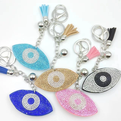 Porte-clés Mauvais Œil en Strass Avec Gland en Velours Pendentif de Sac Style Ethnique Anneau Porte-clés pour Femme Cadeau