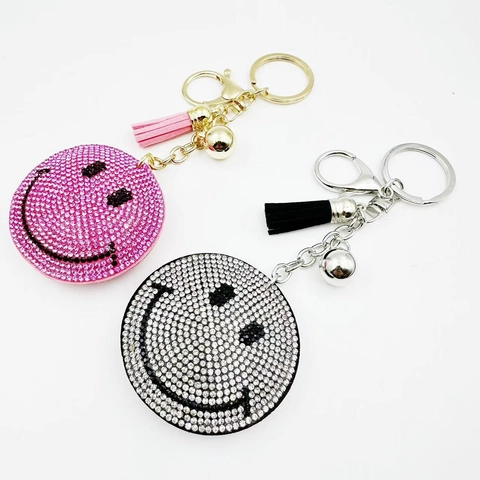 Portachiavi Moda con Faccina Sorridente in Strass con Nappa e Campanello per Donna Ciondolo per Borsa in Lega Luccicante Emoji Regalo