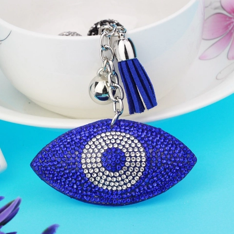 Porte-clés Mauvais Œil en Strass Avec Gland en Velours Pendentif de Sac Style Ethnique Anneau Porte-clés pour Femme Cadeau