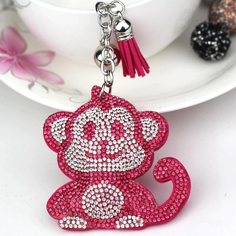 Cute Cartoon Monkey Rhinestone Keychain With Velvet Tassel And Bell Sparkly Animal Bag Pendant Charm For Women Accessories