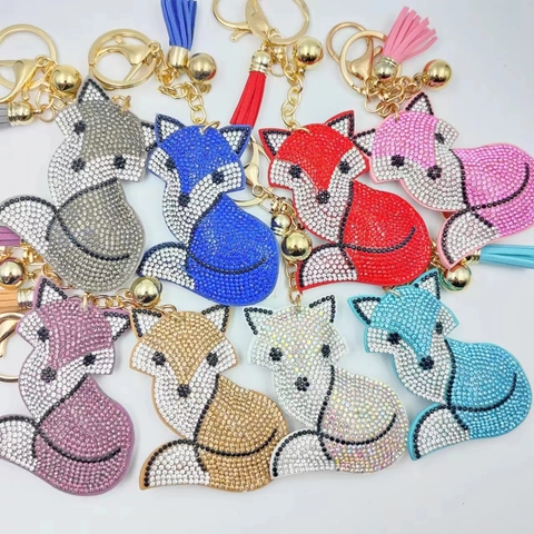 Llavero de Zorro con Diamantes de Imitación Colgante de Bolso con Borla de Gamuza para Mujer Joyería de Moda Regalo Brillante