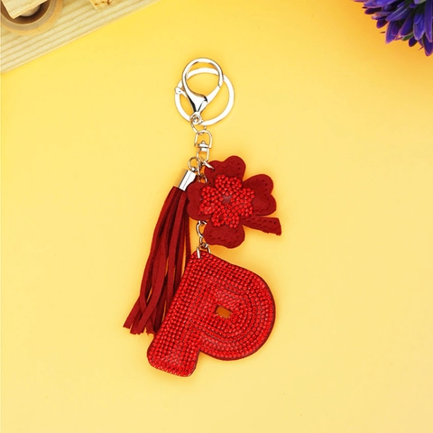Mode Strass Alphabet Buchstabe Schlüsselanhänger Für Damen Weiches Wildleder Quaste Tasche Anhänger Legierung Metall Schlüsselring Zubehör Geschenk