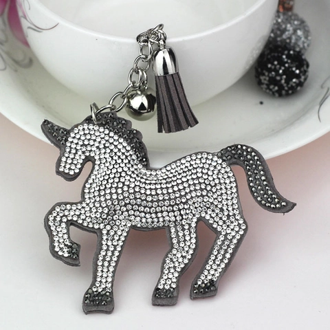 Rhinestone Inlaid Unicorn Keychain With Korean Velvet Fabric Tassel And Bell Decorative Animal Bag Charm Pendant For Women Girls Gift