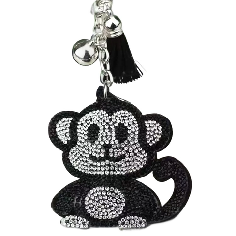 Cute Cartoon Monkey Rhinestone Keychain With Velvet Tassel And Bell Sparkly Animal Bag Pendant Charm For Women Accessories