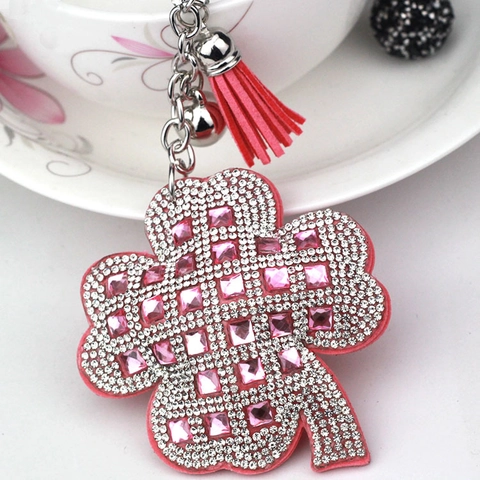 Fashion Clover Rhinestone Keychain Suede Tassel Bell Lucky Four Leaf Clover Bag Charm For Women Lucky Jewelry Gift