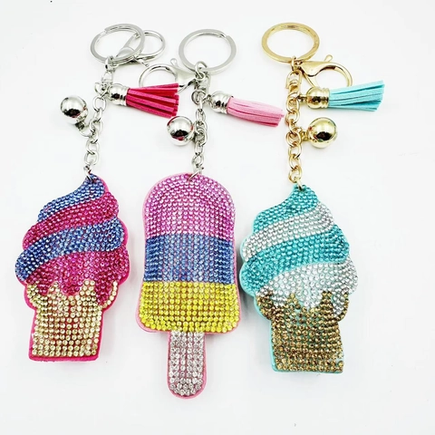 Portachiavi con Strass a Forma di Gelato Con Nappa e Campanello per Donna Ornamento per Borsa Moda Portachiavi in Metallo