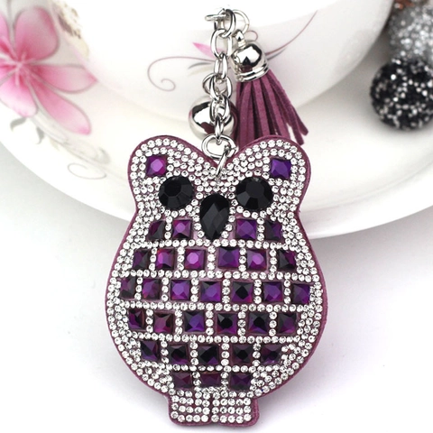 Luxury Owl Rhinestone Keychain With Faux Suede Tassel Bell Exquisite Crystal Bird Key Ring For Bag Charm Women Jewelry Gift