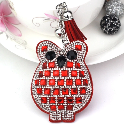 Luxury Owl Rhinestone Keychain With Faux Suede Tassel Bell Exquisite Crystal Bird Key Ring For Bag Charm Women Jewelry Gift