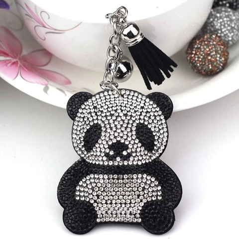 Cute Cartoon Panda Rhinestone Keychain Sparkly Alloy Animal Bag Pendant With Tassel And Bell For Women Girls Gift Decoration