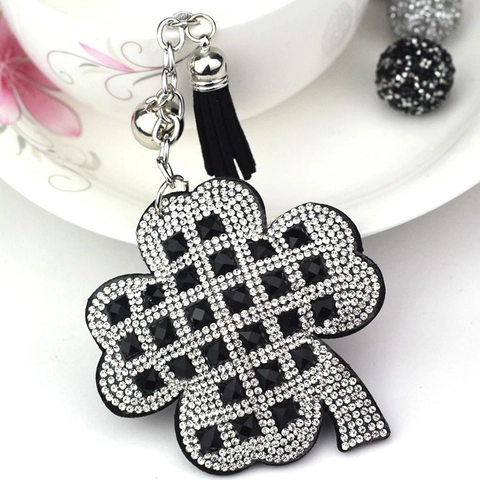 Fashion Clover Rhinestone Keychain Suede Tassel Bell Lucky Four Leaf Clover Bag Charm For Women Lucky Jewelry Gift