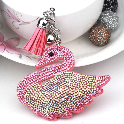 Elegante Portachiavi a Forma di Cigno in Velluto Coreano Con Strass Nappa e Campanello Per Donna Ciondolo per Borsa Gioielli