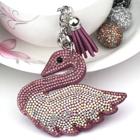Elegante Portachiavi a Forma di Cigno in Velluto Coreano Con Strass Nappa e Campanello Per Donna Ciondolo per Borsa Gioielli