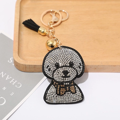 Cartoon Teddy Pudel Hund Voll Strass Schlüsselanhänger Für Damen Glänzender Kristall Tier Taschenanhänger Mit Quaste Glocke Metall Schlüsselring Zubehör