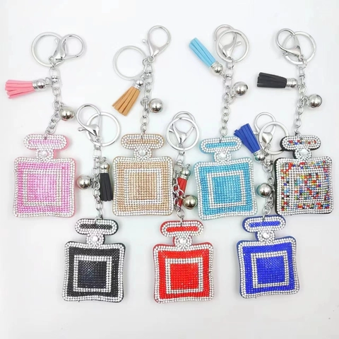 Elegant Rhinestone Perfume Bottle Keychain Metal Inlaid Crystal Bag Charm With Leather Tassel And Bell For Women Jewelry